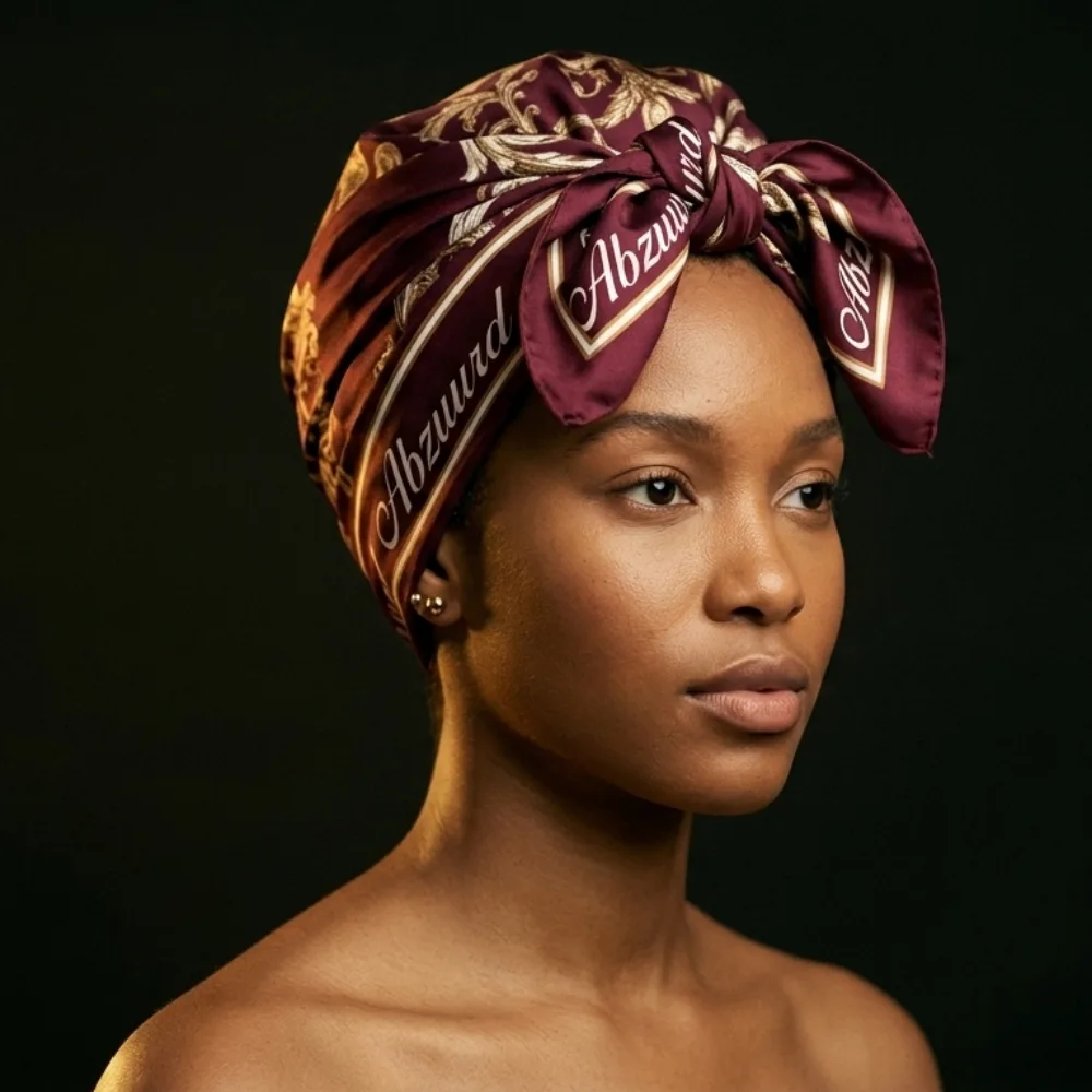 A woman wearing the ABZUURD scarf as a headwrap in the Oxblood colorway, against a dark field.