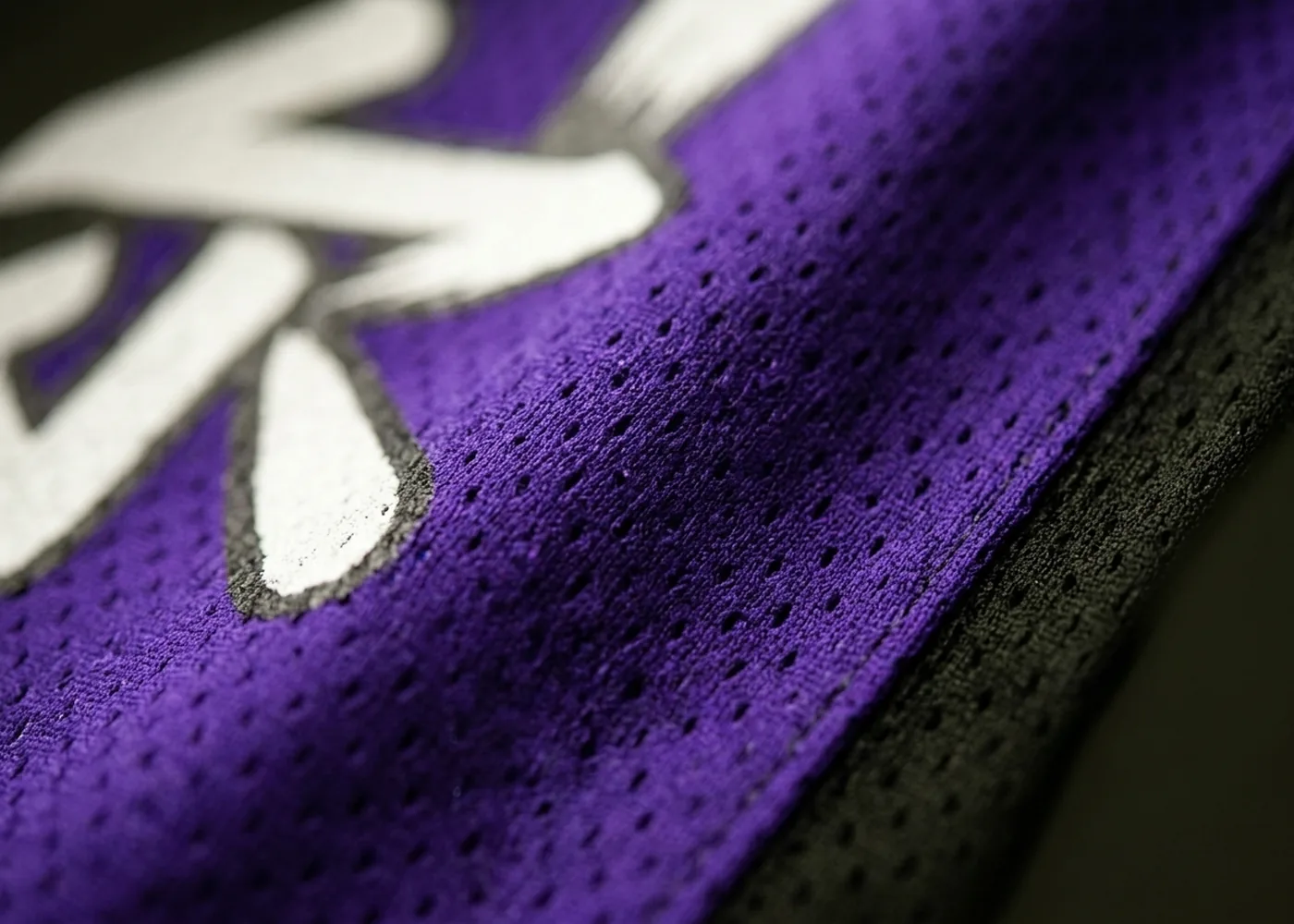 Macro detail of the jersey: perforated mesh weave and the edge of the white brush script.